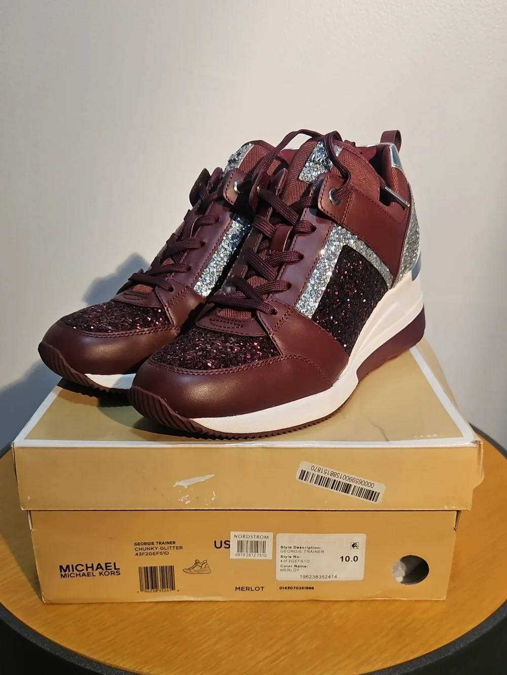 MICHAEL Michael Kors Merlot and Silver Glitter Wedge Sneakers